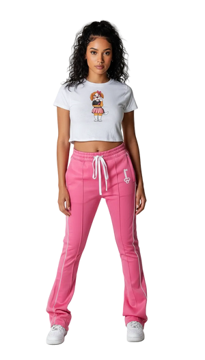 Risk-Taker Stacks unisex stacked joggers in black, blue, and pink featuring a comfortable drawstring waist and bold streetwear silhouette for men and women.