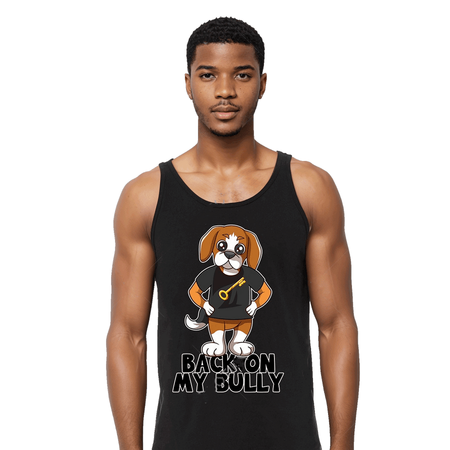 Men's graphic tank top with Risk Is Key streetwear logo design in black