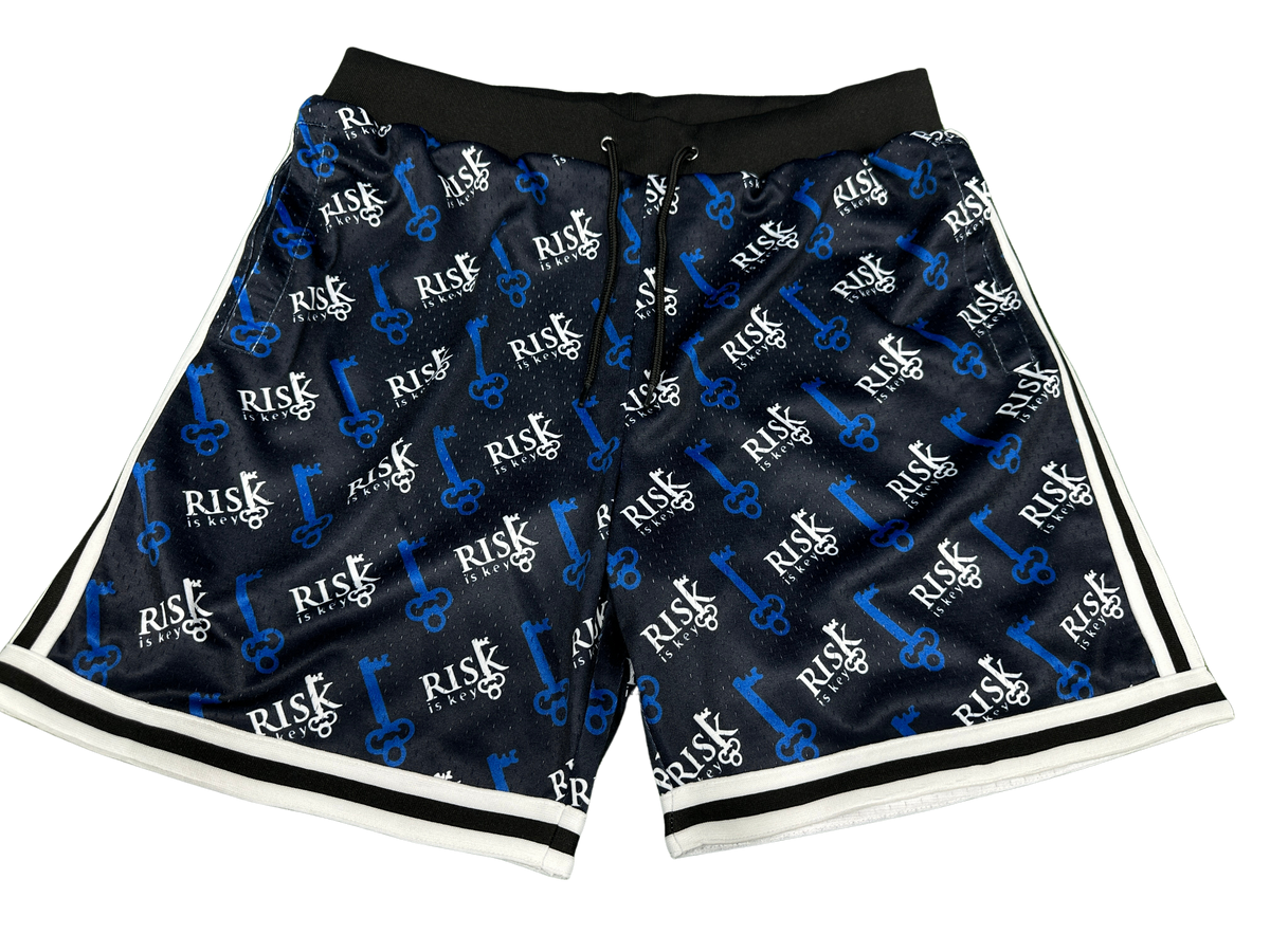 Black and blue basketball shorts with blue and white 'RISKisKey' logo pattern 