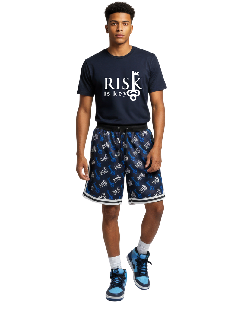 Risk is Key Blueprint Basketball Shorts on model with VIBES t-shirt
