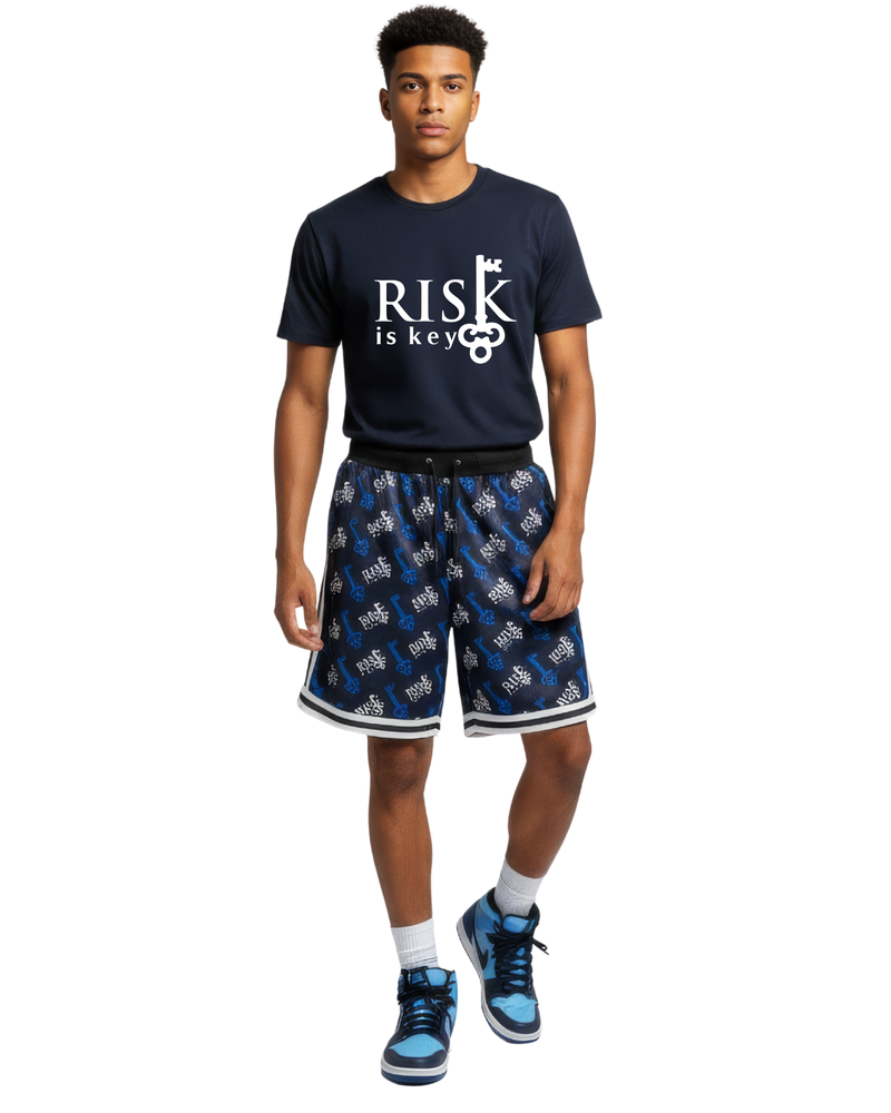 Risk is Key Blueprint Basketball Shorts on model with VIBES t-shirt