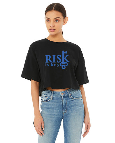 Risk is Key Denim Women's Short Sleeve Cropped Tops with Signature Logo - Riskiskey
