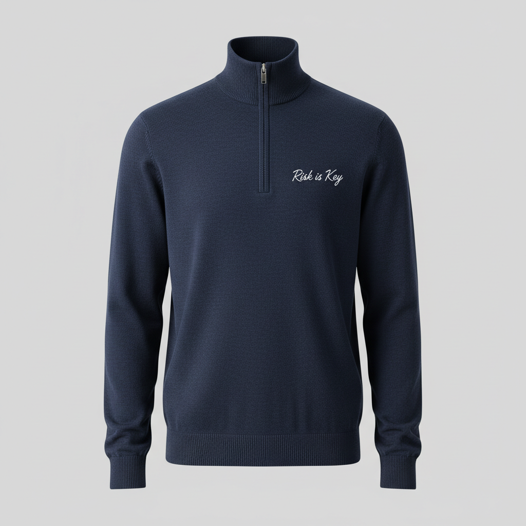 Navy blue Quarter-zip sweater with 'Risk is Key' text on a light gray background