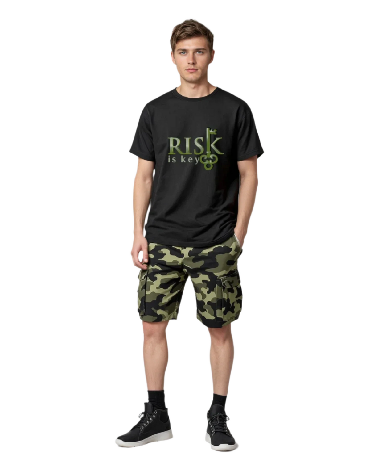 Risk is Key Ambassador wearing our knee length green camo shorts and black signature logo t shirt