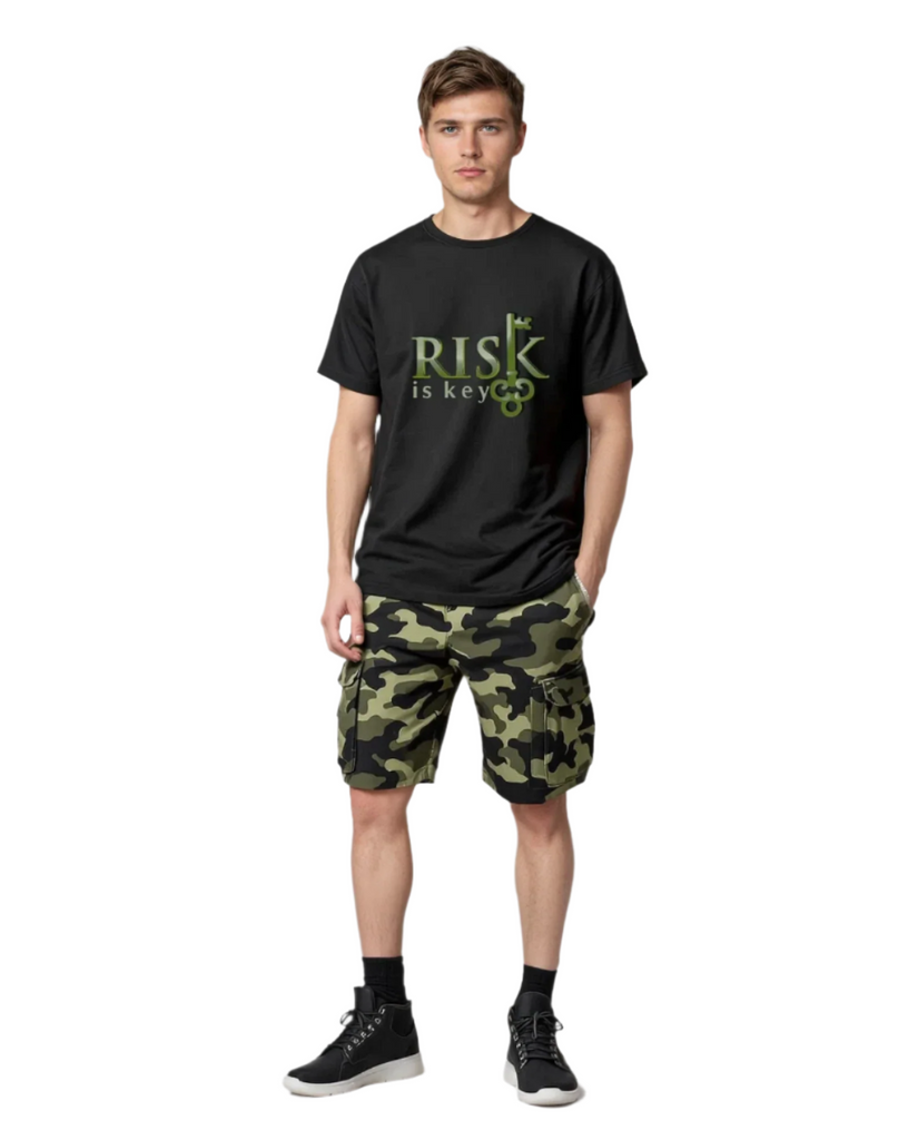 Risk is Key Ambassador wearing our knee length green camo shorts and black signature logo t shirt