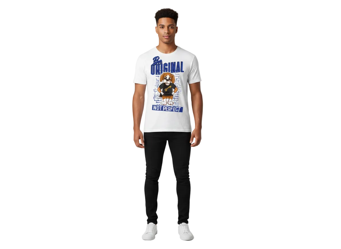 Man wearing a white Origins t-shirt with Rik the Beagle