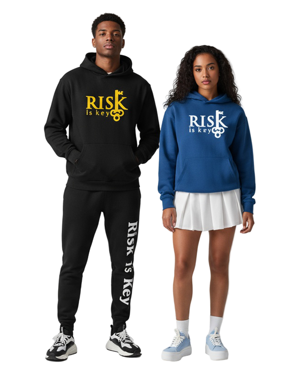 Two people wearing 'RISK is key' hoodies 