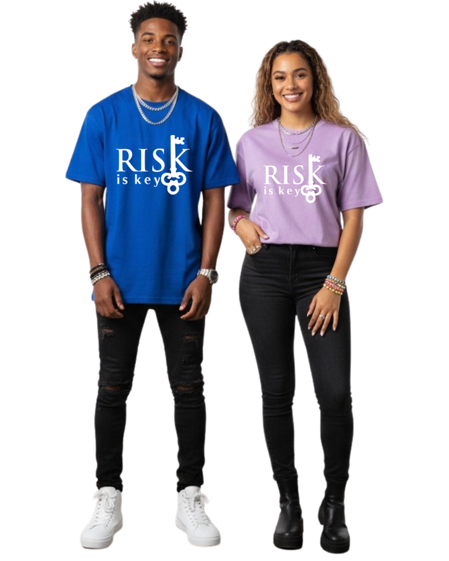 Risk is Key signature logo unisex T-shirt worn by a couple.