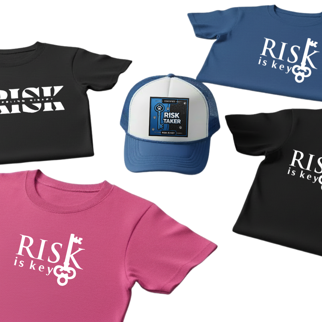 Collection of t-shirts and a cap with 'RISK is key' slogan on a white background