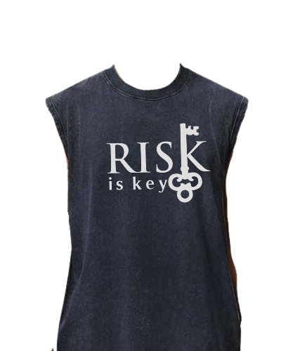 Black sleeveless shirt with 'RISK is key' text and key graphic on a white background