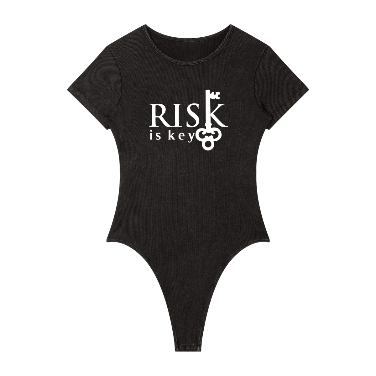 Front view of the Riskey Business short-sleeve crewneck bodysuit in black mineral wash knit on a neutral studio background.