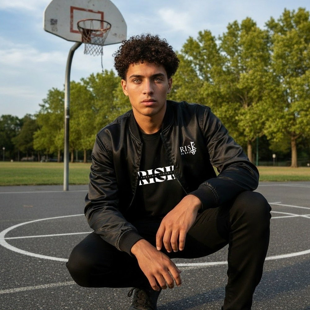 Risk is Key streetwear community wearing mascot jersey and branded hoodies