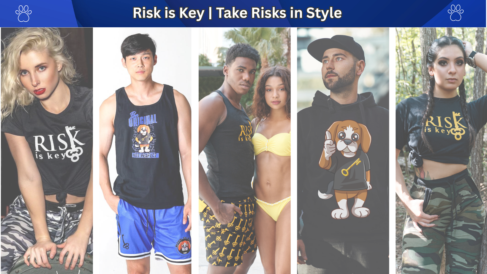 People wearing t-shirts with 'Risk is Key' text and various designs.