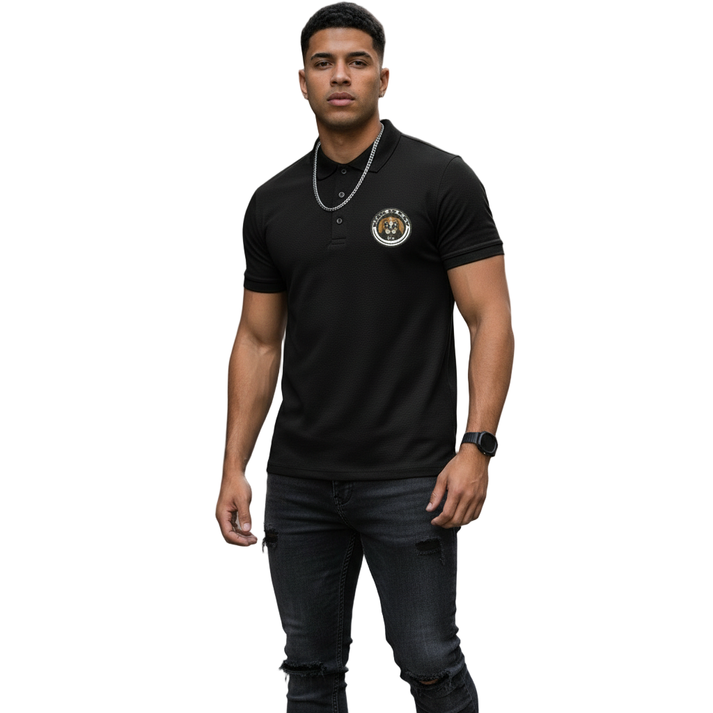 Man wearing a black polo shirt with Riskiskey Mascot - Rik the Beagle