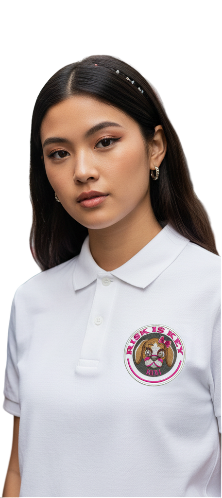 Riskiskey Women's Flattering Polo featuring RiRi the Beagle Mascot close-up on model