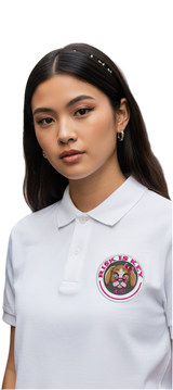 Riskiskey Women's Flattering Polo featuring RiRi the Beagle Mascot close-up on model