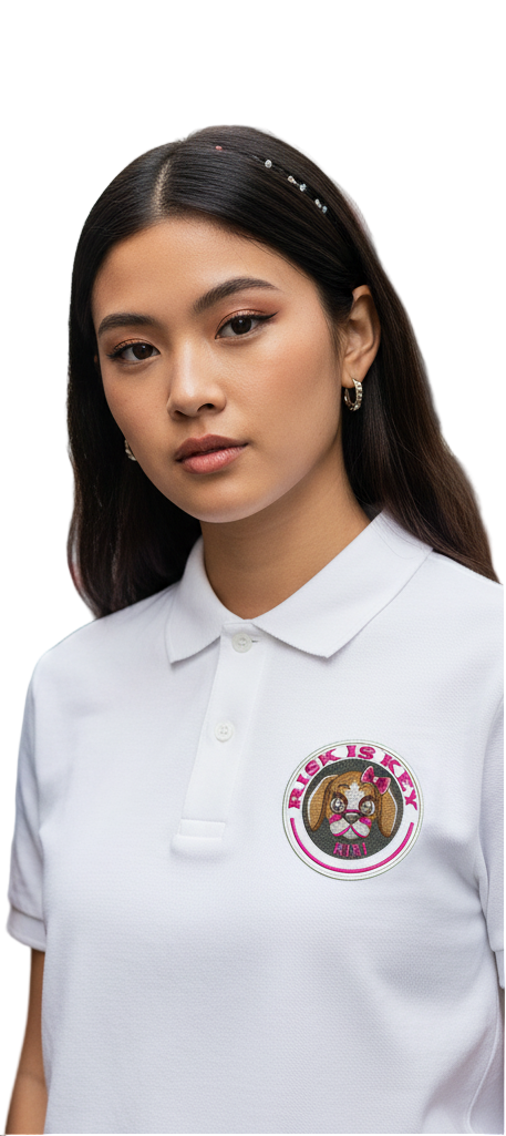 Riskiskey Women's Flattering Polo featuring RiRi the Beagle Mascot close-up on model