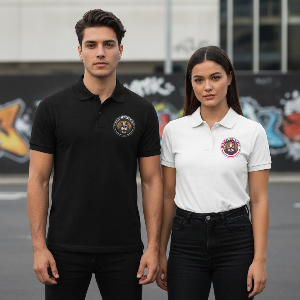 Two people wearing black and white Riskiskey Mascot Polo with RiRi the Beagle