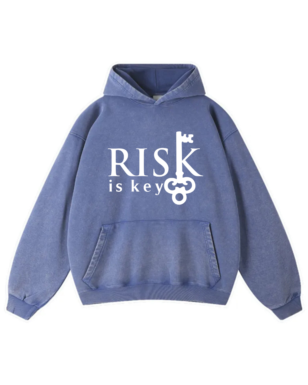 Close-up shot of the blue Signature Risk Vintage Wash Pullover, emphasizing the custom-treated faded finish and signature brand logo.