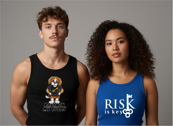 Two people wearing tank tops with Riskiskey graphics.