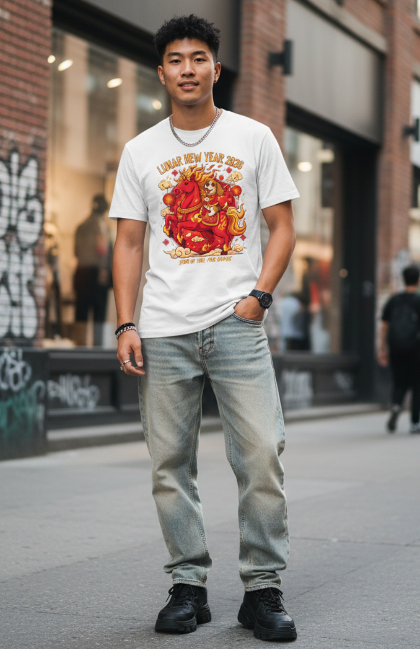 Gen Z Asian Male model wearing the Fire Rider Graphic T-Shirt by Risk is Key, featuring Rik the Beagle mascot on a premium white streetwear tee for the 2026 Lunar New Year.