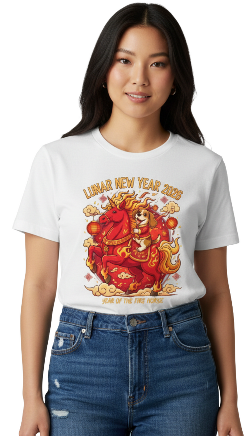 Gen Z Aisian Female model wearing the Fire Rider Graphic T-Shirt by Risk is Key, featuring Rik the Beagle mascot on a premium black streetwear tee for the 2026 Lunar New Year.