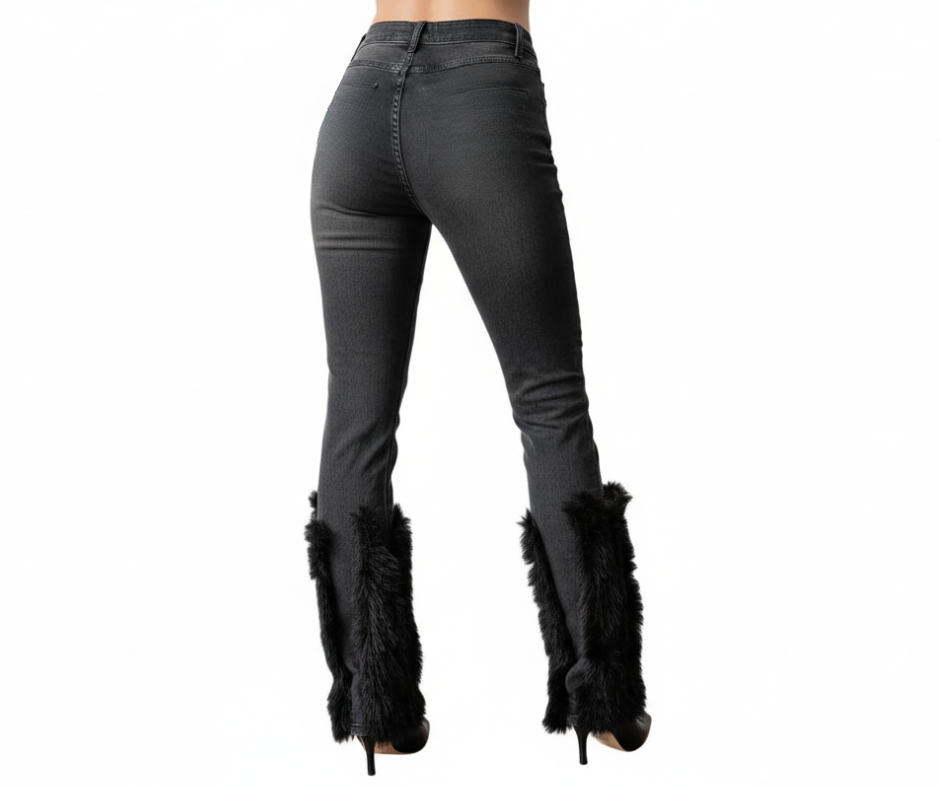 Macro back view of black washed denim fabric with elegant pearl beading and high-density black faux feather detailing.