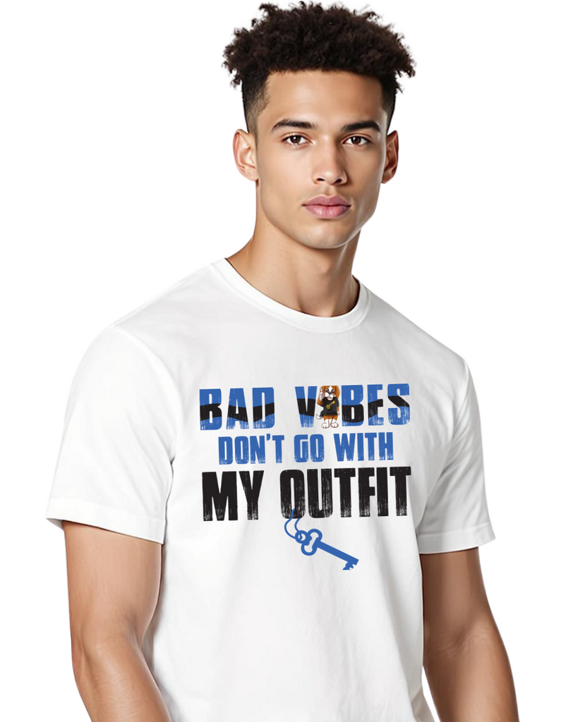 Close up man wearing VIBES Mascot Graphic T Shirt – Rik Edition | Risk is Key Streetwear