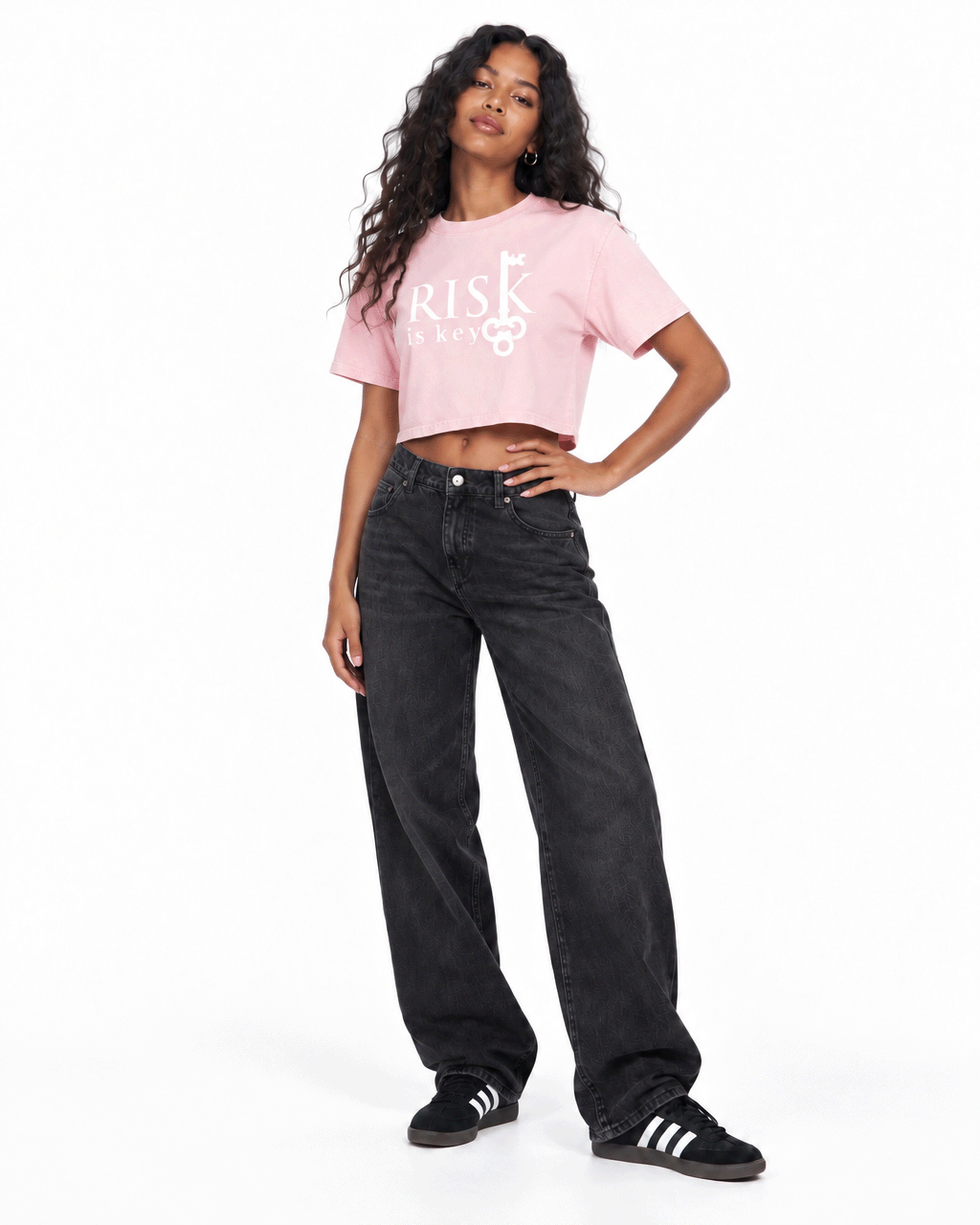 Front view of The Risk Is Key women's mineral wash cotton crop t-shirt in pink