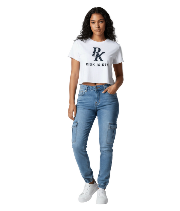 Gen Z female wearing RiskisKey Monogram interlocked logo styled with jeans and sneakers