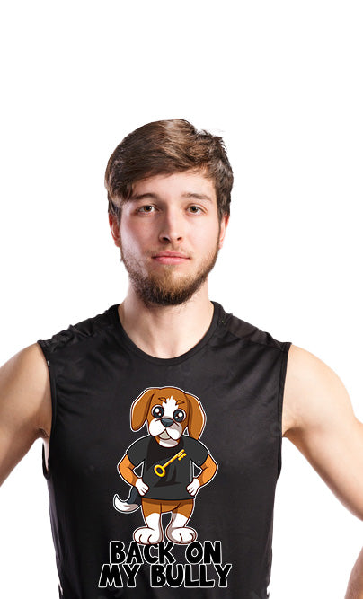 Mens Sleeveless Muscle Tees with RIK The Beagle - Back on my Bully B.O.M.B. Slogan - Riskiskey