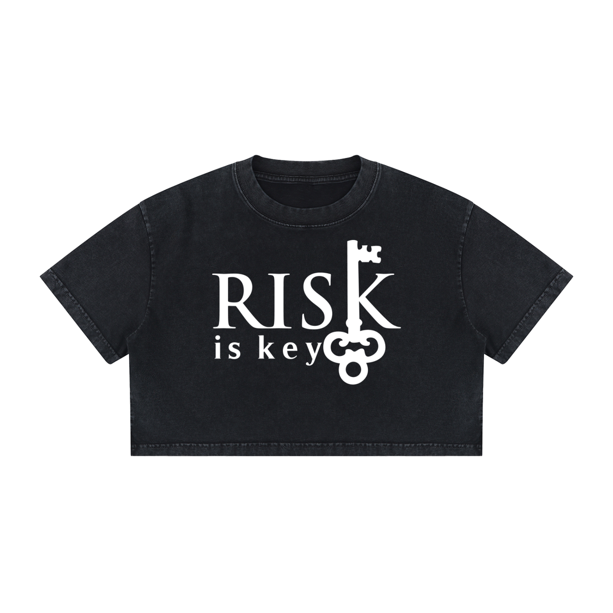 A black cropped short-sleeve t-shirt with a white graphic print on the front that reads 'RISK is key' with a stylized key integrated into the lettering, shown on a plain white background.
