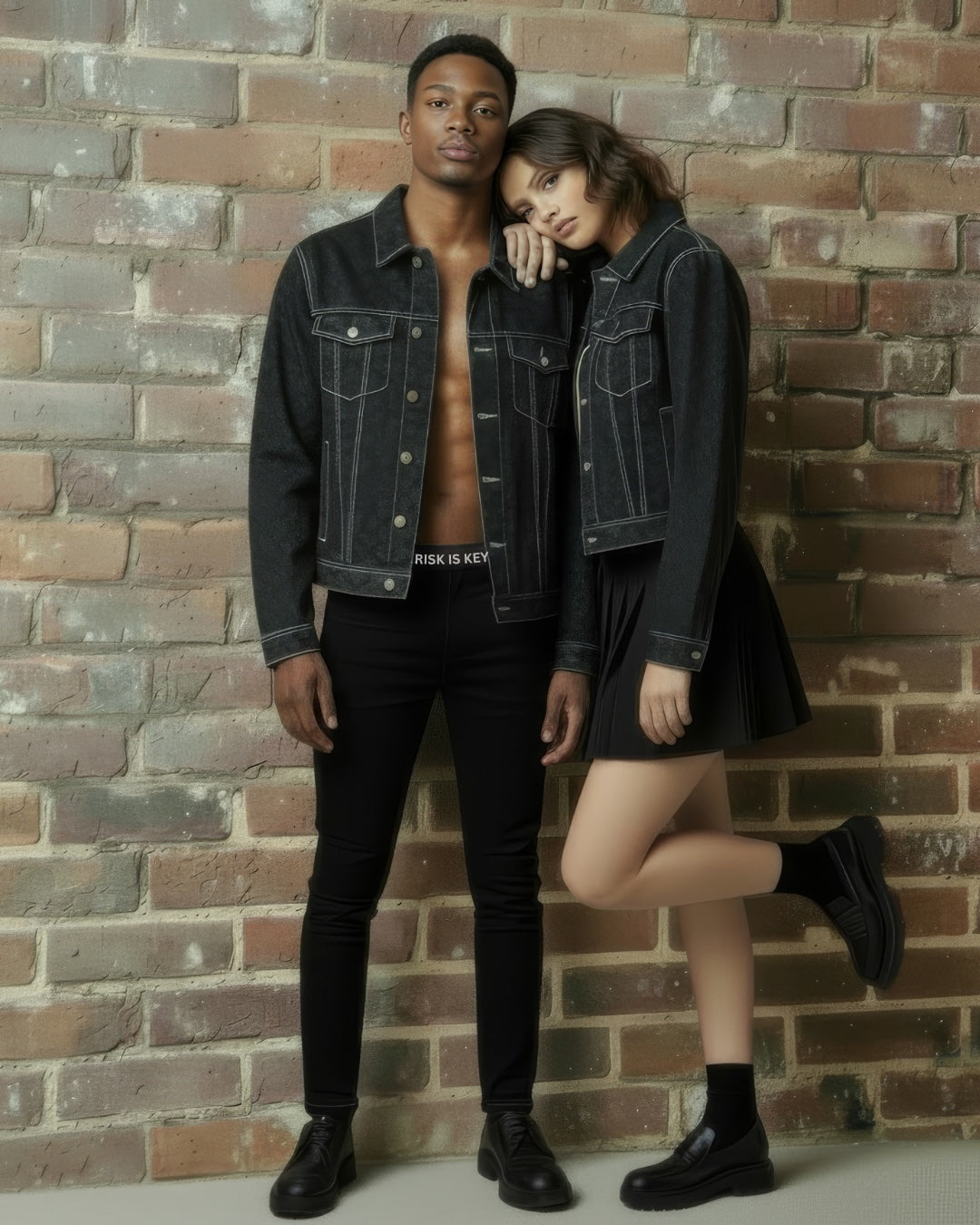 Gen Z man wearing the Pack Leader black denim jacket with all-over logo print, paired with black denim jeans