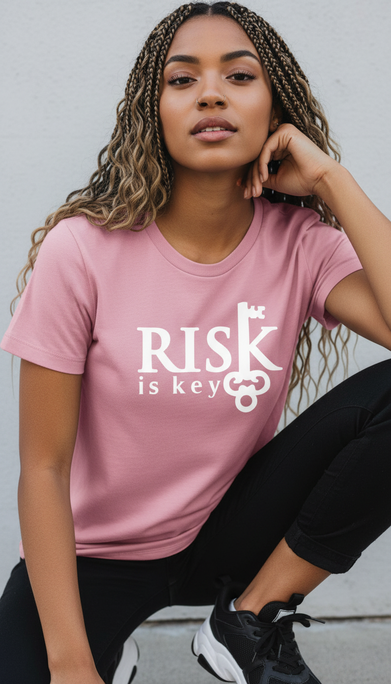 Gen Z woman wearing a pink t-shirt with 'RISK is key' text.