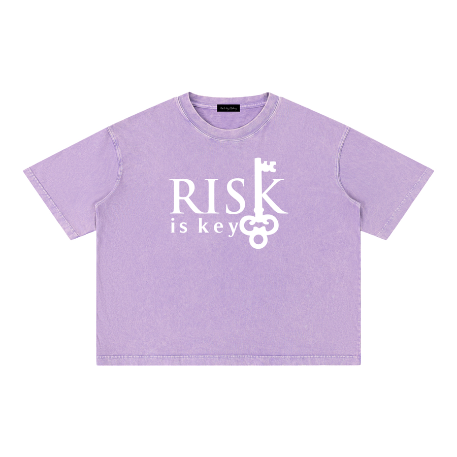 Front view of Risk Is Key washed purple/lavender mineral wash boxy t-shirt featuring a heavyweight cotton knit and dropped shoulders.