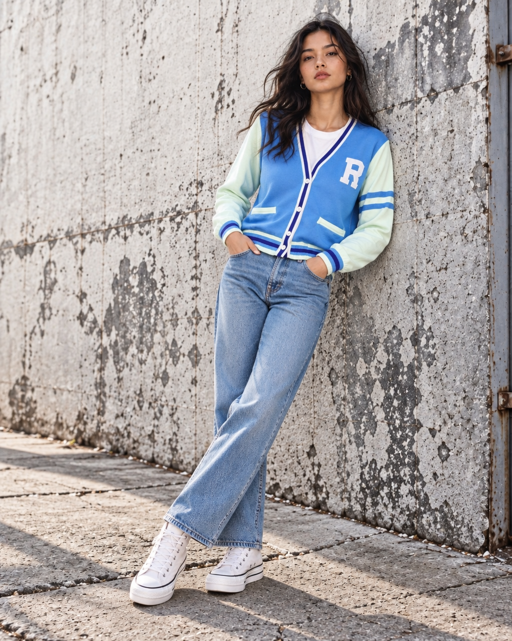 Woman styling the Risk is Key blue and white Unleashed varsity cardigan with relaxed denim jeans and white high-top sneakers against a concrete wall.