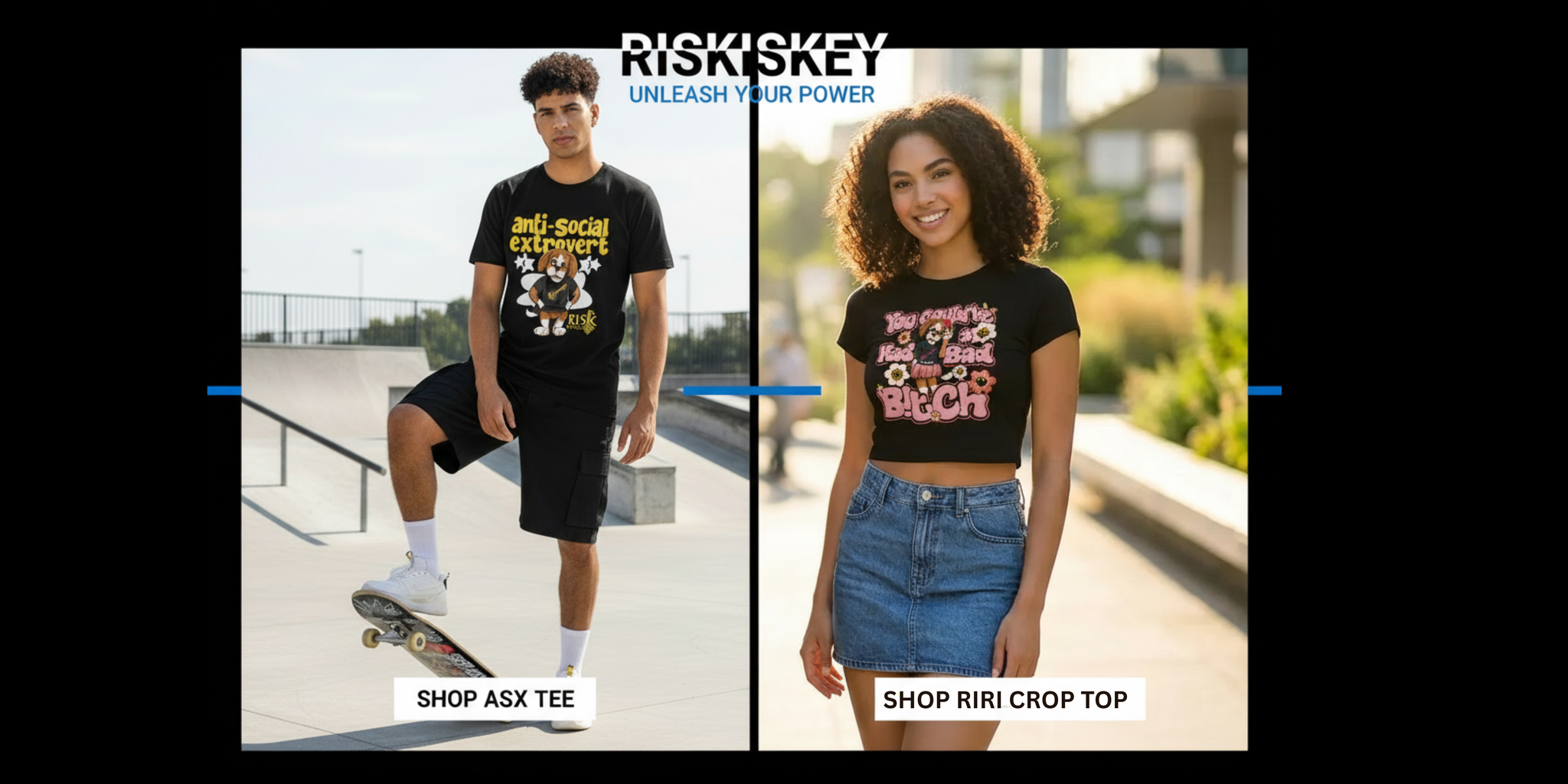 Two Gen Z models wearing riskiskey graphic streetwear stand in downtown Houston, featuring the Anti-Social Extrovert tee and Bad B!tch crop top in a sunny urban setting.
