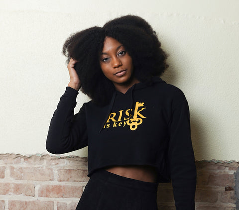 Risk is Key Signature Logo Women's Drawstring Cropped Hoodie in black with female model