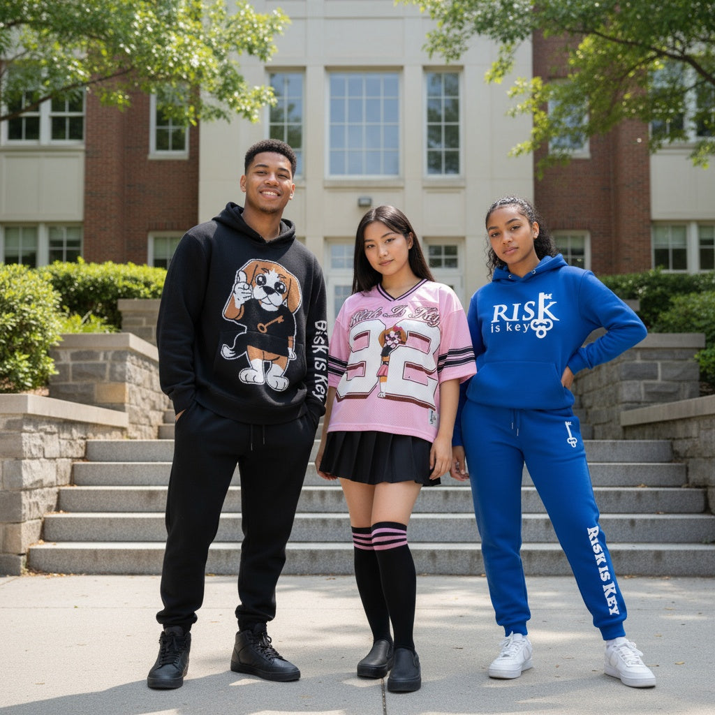 Three Risk is Key community members wearing mascot jersey and branded hoodies on a college campus